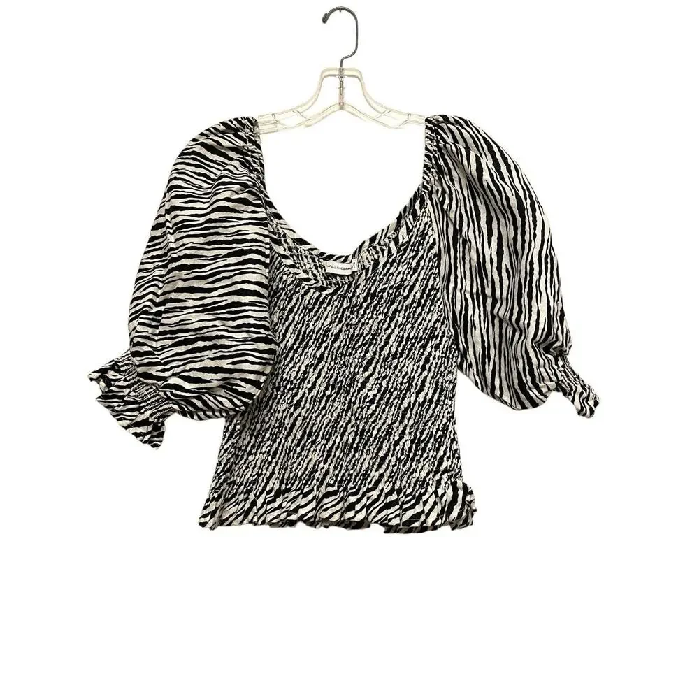 Faithfull The Brand Tani Smocked Linen Blouse Size 8 Zebra Puff Sleeve Ruffle